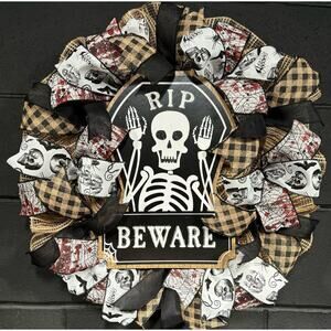 Halloween Wreath~Rustic Brown, Black, White Skeletons~Large~Front Door~Handmade
